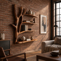 Tree branch wall shelf with four boards and a forked trunk in an industrial loft living room with exposed brick