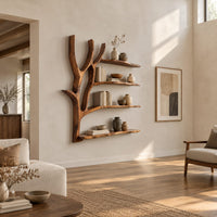 Tree branch wall shelf with four boards and a forked trunk in a bright open plan living room