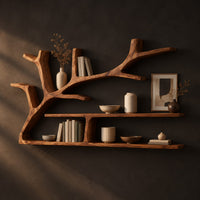 Tree branch shaped wall shelf with two long ledges and forked limbs in a dark studio against a charcoal plaster wall