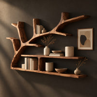 Corner detail of tree branch shaped wall shelf with two long ledges and forked limbs beside wood, brass and linen samples