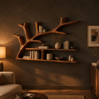Tree branch shaped wall shelf with two long ledges and forked limbs in a dark living room at golden hour