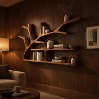 Tree branch shaped wall shelf with two long ledges and forked limbs in an evening living room with walnut wall paneling
