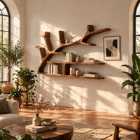 Tree branch shaped wall shelf with two long ledges and forked limbs in a bright living room with arched windows and plants