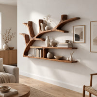 Tree branch shaped wall shelf with two long ledges and forked limbs in a Scandinavian living room with white walls