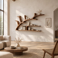 Tree branch shaped wall shelf with two long ledges and forked limbs in a bright open plan living room
