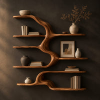Branching wall shelves of different lengths growing from a flowing trunk in a dark studio against a charcoal plaster wall
