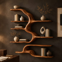 Corner detail of branching wall shelves of different lengths growing from a flowing trunk beside wood, brass and linen samples