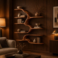 Branching wall shelves of different lengths growing from a flowing trunk in an evening living room with walnut wall paneling