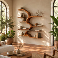 Branching wall shelves of different lengths growing from a flowing trunk in a bright living room with arched windows and plants