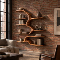 Branching wall shelves of different lengths growing from a flowing trunk in an industrial loft living room with exposed brick