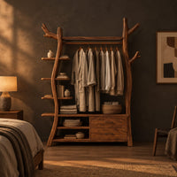 Open tree shaped wardrobe with a hanging rail, side shelves and drawers in a dark bedroom at golden hour