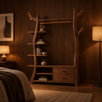 Open tree shaped wardrobe with a hanging rail, side shelves and drawers in an evening bedroom with walnut wall paneling