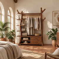 Open tree shaped wardrobe with a hanging rail, side shelves and drawers in a bright bedroom with arched windows and plants