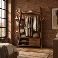 Open tree shaped wardrobe with a hanging rail, side shelves and drawers in an industrial loft bedroom with exposed brick