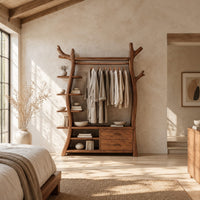 Open tree shaped wardrobe with a hanging rail, side shelves and drawers in a bright open plan bedroom