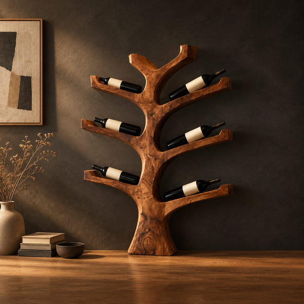 Tree Branch Wine Rack With Carved Cradle Arms And Trunk