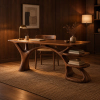 Wooden desk shaped like a tree with branching legs and two open shelves in an evening home office with walnut wall paneling