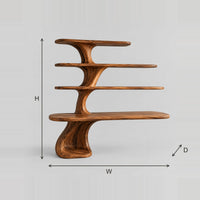 Tree Form Desk With Three Branch Shelves And Sculpted Trunk Base dimension diagram with width, height and depth
