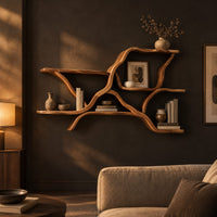 Wall shelves in a branching limb shape with uneven tiers in a dark living room at golden hour