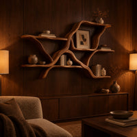 Wall shelves in a branching limb shape with uneven tiers in an evening living room with walnut wall paneling
