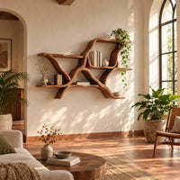 Wall shelves in a branching limb shape with uneven tiers in a bright living room with arched windows and plants