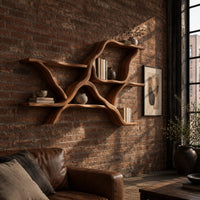Wall shelves in a branching limb shape with uneven tiers in an industrial loft living room with exposed brick