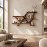 Wall shelves in a branching limb shape with uneven tiers in a bright open plan living room