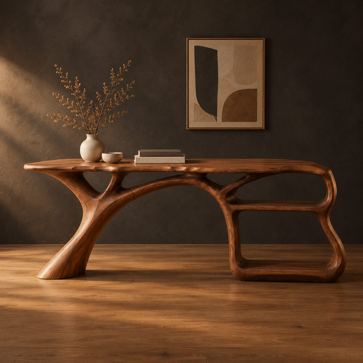 Desk on a branching limb leg with an open shelf frame at one end in a dark studio against a charcoal plaster wall