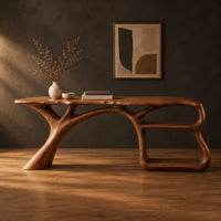 Desk on a branching limb leg with an open shelf frame at one end in a dark studio against a charcoal plaster wall