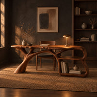 Desk on a branching limb leg with an open shelf frame at one end in a dark home office at golden hour