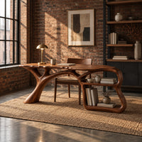 Desk on a branching limb leg with an open shelf frame at one end in an industrial loft home office with exposed brick