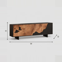 Tree Ring Carved TV Stand With Dark Wave Panel And Birds dimension diagram with width, height and depth