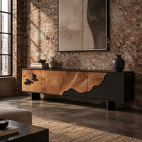 Low tv stand with tree ring carving, a dark wave panel and birds in an industrial loft living room with exposed brick