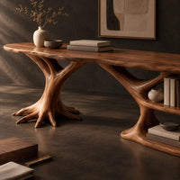 Corner detail of desk with a tree root base, open shelves and an oval top beside wood, brass and linen samples