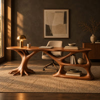 Desk with a tree root base, open shelves and an oval top in a dark home office at golden hour