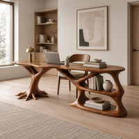 Desk with a tree root base, open shelves and an oval top in a Scandinavian home office with white walls