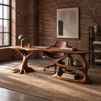 Desk with a tree root base, open shelves and an oval top in an industrial loft home office with exposed brick
