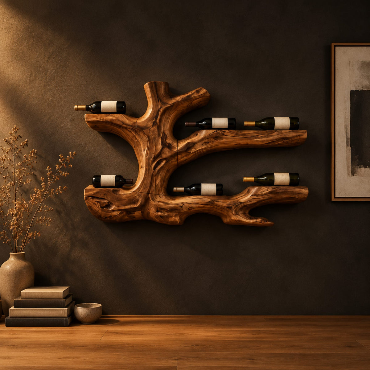 Tree root wine bottle holder with gnarled branching arms in a dark studio against a charcoal plaster wall