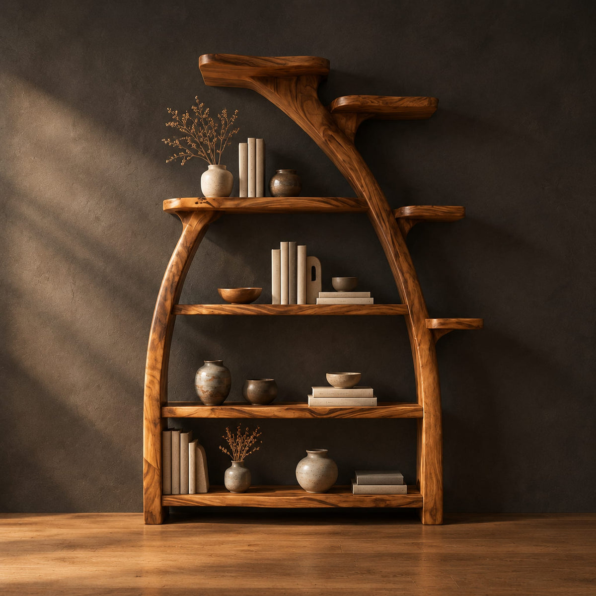 Tree shaped bookshelf with an arched branch frame and four open shelves in a dark studio against a charcoal plaster wall