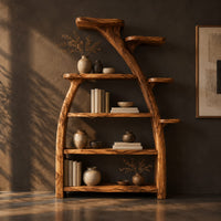 Tree shaped bookshelf with an arched branch frame and four open shelves, three-quarter view showing the grain