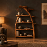 Tree shaped bookshelf with an arched branch frame and four open shelves in a dark living room at golden hour