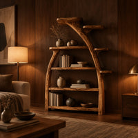 Tree shaped bookshelf with an arched branch frame and four open shelves in an evening living room with walnut wall paneling