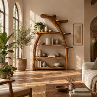 Tree shaped bookshelf with an arched branch frame and four open shelves in a bright living room with arched windows and plants