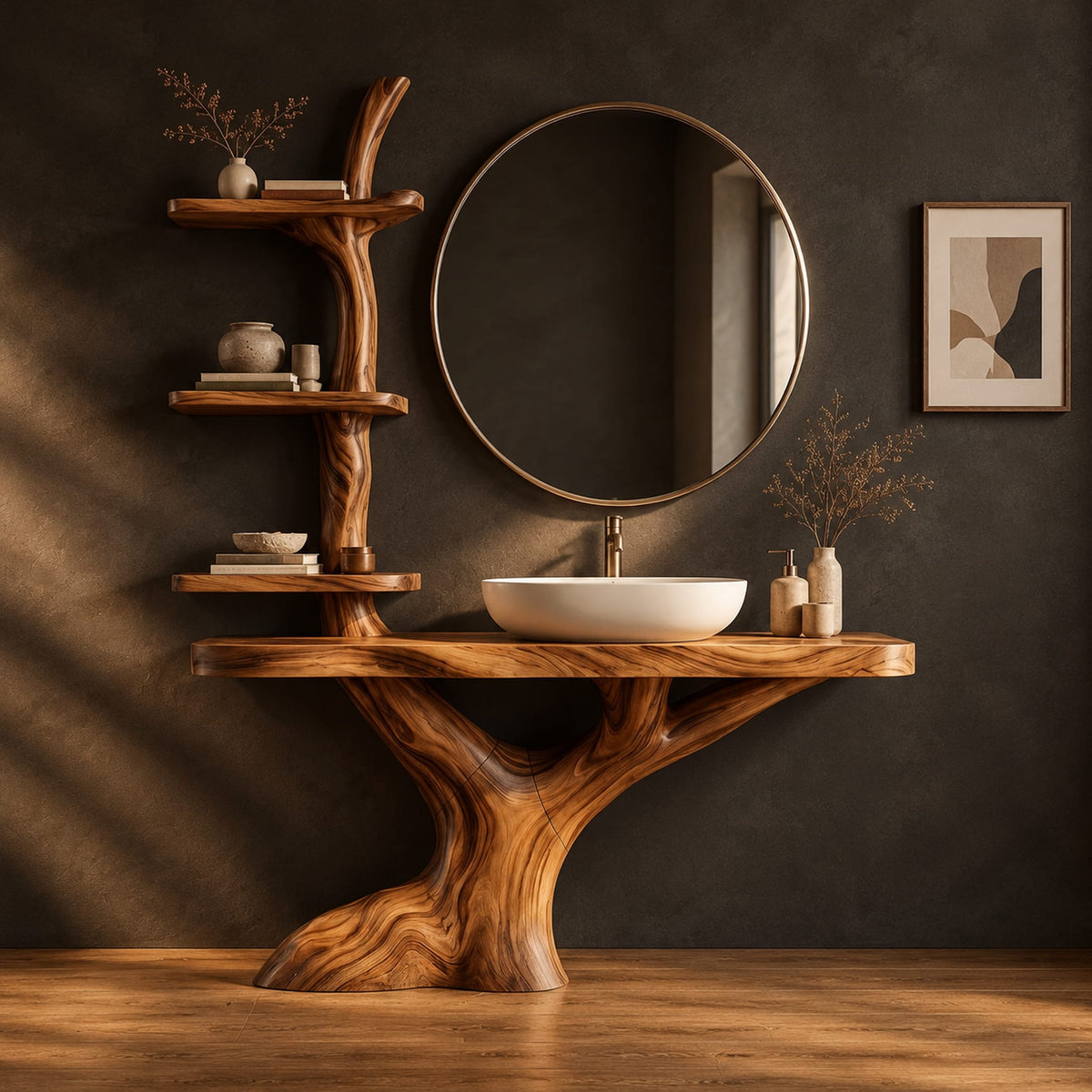 Tree trunk bathroom vanity with a branch shelf tower and a wide slab top in a dark studio against a charcoal plaster wall