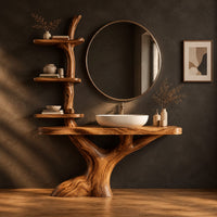 Tree trunk bathroom vanity with a branch shelf tower and a wide slab top in a dark studio against a charcoal plaster wall