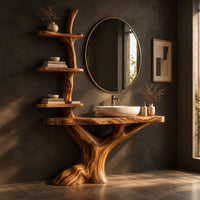 Tree trunk bathroom vanity with a branch shelf tower and a wide slab top, three-quarter view showing the grain