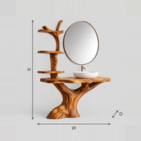 Tree Trunk Bathroom Vanity With Branch Shelf Tower And Slab Top dimension diagram with width, height and depth