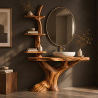 Corner detail of tree trunk bathroom vanity with a branch shelf tower and a wide slab top beside wood, brass and linen samples