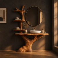 Tree trunk bathroom vanity with a branch shelf tower and a wide slab top in a dark bathroom at golden hour