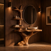 Tree trunk bathroom vanity with a branch shelf tower and a wide slab top in an evening bathroom with walnut wall paneling